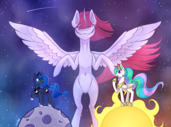 Size: 3876x2880 | Tagged: safe, artist:dsp2003, imported from derpibooru, princess celestia, princess luna, oc, oc:fausticorn, alicorn, pony, alicorn oc, belly button, eyes closed, female, jewelry, mare, moon, mother and daughter, necklace, open mouth, regalia, shooting star, space, stars, sun, tangible heavenly object, updated