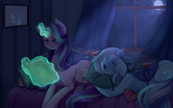 Size: 4535x2834 | Tagged: safe, artist:kimberlys-habitation, imported from derpibooru, starlight glimmer, trixie, pony, unicorn, bed, book, curved horn, duo, glowing horn, lying down, magic, moon, moonlight, night, pillow, reading, telekinesis, trixie's wagon, yawn