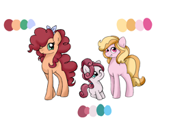 Size: 4112x2952 | Tagged: safe, artist:mississippikite, imported from derpibooru, oc, oc only, oc:cinnamon spice, oc:honey sweet, oc:strawberry cream, earth pony, pony, bow, color palette, female, filly, hair bow, offspring, parent:cheese sandwich, parent:pinkie pie, parents:cheesepie, simple background, sisters, white background