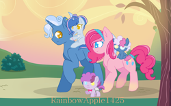 Size: 1600x1000 | Tagged: safe, artist:rainbowapple1425, imported from derpibooru, pinkie pie, pokey pierce, oc, earth pony, pony, unicorn, baby, baby pony, base used, female, heterochromia, male, offspring, parent:pinkie pie, parent:pokey pierce, parents:pokeypie, pokeypie, shipping, straight