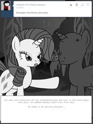 Size: 600x800 | Tagged: safe, artist:dekomaru, imported from derpibooru, rarity, pony, unicorn, tumblr:ask twixie, anon pony, ask, diamondstuck, everfree forest, monochrome, tumblr