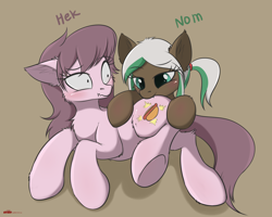 Size: 2790x2227 | Tagged: safe, artist:orang111, imported from derpibooru, oc, oc only, oc:hot dogger, oc:lynn, pony, biting, blushing, butt bite, cute, duo, female, heck, mare, nom, ocbetes, simple background, surprised