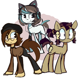 Size: 1280x1280 | Tagged: safe, artist:lilboulder, imported from derpibooru, oc, oc only, oc:charlie, oc:pixel byte, oc:thana hex, earth pony, pony, unicorn, :3, bags under eyes, cat ears, female, glasses, hat, headset, mare, monochrome, ponytail, skull, trio