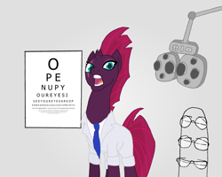 Size: 1280x1024 | Tagged: safe, artist:hakar-kerarmor, imported from derpibooru, fizzlepop berrytwist, tempest shadow, pony, unicorn, my little pony: the movie, broken horn, clothes, doctor, erasure, eye chart, eye exam, eye scar, female, glasses, lab coat, lyrics, mare, necktie, oculist, open mouth, open up your *very* eyes, open up your eyes, ophthalmologist, scar, solo, song in the comments, song reference