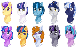 Size: 1024x647 | Tagged: safe, artist:becca-the-baka, imported from derpibooru, oc, oc only, oc:astral blaze, oc:fairy tale, oc:harmony star, oc:lustrous verity, oc:sirius, oc:star struck, oc:starburst, oc:stardust, oc:tempest, oc:zeus, bust, offspring, parent:comet tail, parent:flash sentry, parent:twilight sparkle, parents:cometlight, parents:flashlight, simple background, transparent background