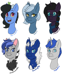 Size: 600x709 | Tagged: safe, artist:becca-the-baka, imported from derpibooru, oc, oc only, oc:bella notte, oc:calypso, oc:dreamcatcher, oc:midnight rider, oc:orion, oc:princess nidra, hybrid, bust, interspecies offspring, offspring, parent:discord, parent:oc:supernova, parent:princess luna, parent:unnamed oc, parents:canon x oc, parents:lunacord, parents:lunapip, simple background, transparent background