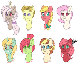 Size: 900x749 | Tagged: safe, artist:becca-the-baka, imported from derpibooru, oc, oc only, oc:autumn breeze, oc:flora, oc:harmonia, oc:pastel lilly, oc:soundwave, oc:spring melody, oc:sunset streak, oc:winsome wisteria, hybrid, bust, interspecies offspring, offspring, parent:big macintosh, parent:bulk biceps, parent:discord, parent:fluttershy, parent:prince blueblood, parents:blueshy, parents:discoshy, parents:flutterbulk, parents:fluttermac, simple background, transparent background