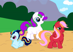 Size: 4961x3508 | Tagged: safe, artist:teengirl, imported from derpibooru, oc, oc only, oc:autumn breeze, oc:divebomber, oc:jewel, pegasus, pony, unicorn, artifact, blank flank, colt, female, filly, interspecies offspring, male, offspring, parent:big macintosh, parent:fluttershy, parent:rainbow dash, parent:rarity, parent:soarin', parent:spike, parents:fluttermac, parents:soarindash, parents:sparity