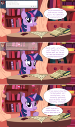 Size: 1280x2168 | Tagged: safe, artist:hakunohamikage, imported from derpibooru, twilight sparkle, alicorn, pony, ask-princesssparkle, ask, book, female, golden oaks library, quill, scroll, solo, tumblr, twilight sparkle (alicorn)