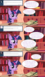 Size: 1280x2168 | Tagged: safe, artist:hakunohamikage, imported from derpibooru, twilight sparkle, alicorn, pony, ask-princesssparkle, ask, book, female, golden oaks library, quill, scroll, solo, tumblr, twilight sparkle (alicorn)