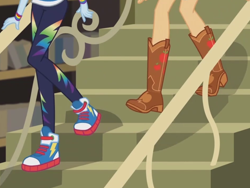 Size: 2048x1536 | Tagged: safe, imported from derpibooru, screencap, applejack, rainbow dash, equestria girls, equestria girls series, fluttershy's butterflies, boots, clothes, converse, cowboy boots, legs, pictures of legs, shoes, sneakers, stairs