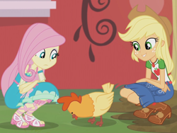 Size: 2048x1536 | Tagged: safe, imported from derpibooru, screencap, applejack, fluttershy, chicken, equestria girls, equestria girls series, fluttershy's butterflies, boots, cowboy boots, female, fluttershy's butterflies: applejack, geode of super strength, sandals, shoes, squatting