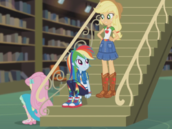 Size: 2048x1536 | Tagged: safe, imported from derpibooru, screencap, applejack, fluttershy, rainbow dash, butterfly, equestria girls, equestria girls series, fluttershy's butterflies, boots, bracelet, clothes, converse, cowboy boots, female, fluttershy's butterflies: applejack, geode of super speed, geode of super strength, hand on hip, hands on hip, jewelry, library, magical geodes, sandals, shoes, sneakers, stairs, standing up, wristband