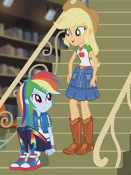 Size: 1536x2048 | Tagged: safe, imported from derpibooru, screencap, applejack, rainbow dash, equestria girls, equestria girls series, fluttershy's butterflies, boots, bracelet, clothes, converse, cowboy boots, female, freckles, geode of super speed, geode of super strength, jewelry, library, magical geodes, shoes, sneakers, stairs, wristband