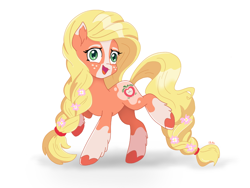 Size: 1200x900 | Tagged: safe, artist:chautung, imported from derpibooru, applejack, earth pony, pony, leak, spoiler:g5, applejack (g5 concept leak), applejack (g5), blaze (coat marking), braid, coat markings, facial markings, female, flower, flower in hair, flower in tail, freckles, g5, g5 concept leak style, g5 concept leaks, mare, raised leg, simple background, smiling, socks (coat marking), socks (coat markings), solo, white background