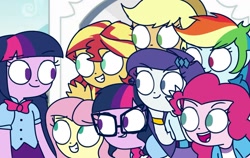 Size: 1578x999 | Tagged: safe, artist:psychodiamondstar, imported from derpibooru, applejack, fluttershy, pinkie pie, rainbow dash, rarity, sci-twi, sunset shimmer, twilight sparkle, equestria girls, clothes, female, glasses, open mouth, self paradox, smiling, twilight sparkle (alicorn), twolight