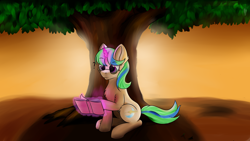 Size: 2560x1440 | Tagged: safe, artist:lunar froxy, imported from derpibooru, oc, oc only, oc:crescent, unicorn, book, confused, female, mare, sitting, solo, sunset, tree