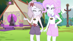 Size: 8000x4500 | Tagged: safe, artist:limedazzle, imported from derpibooru, oc, oc only, oc:artiia moondrop, oc:orchidea loitsu, equestria girls, legend of everfree, absurd resolution, clothes, equestria girls-ified, eyes closed, flower, shirt, shorts, show accurate, smiling, tent, totem pole
