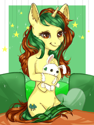 Size: 1600x2120 | Tagged: safe, artist:moonrabbit, imported from derpibooru, oc, oc only, oc:northern spring, rabbit, semi-anthro, unicorn, face of mercy, female, heart, heart pillow, pillow, plushie, sitting, solo, sparkles, stars