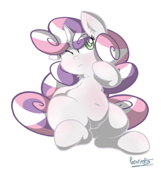 Size: 1100x1165 | Tagged: safe, artist:patoriotto, imported from derpibooru, sweetie belle, pony, unicorn, belly button, chubbie belle, chubby, cute, diasweetes, fat, female, filly, one eye closed, simple background, sitting, solo, sweetie belly, weapons-grade cute, white background