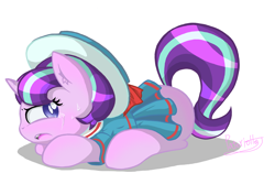 Size: 1414x1000 | Tagged: safe, artist:patoriotto, imported from derpibooru, snowfall frost, starlight glimmer, pony, unicorn, butt, clothes, crying, dress, female, filly, filly starlight glimmer, plot, prone, raised tail, solo, tail, younger