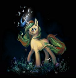 Size: 1805x1849 | Tagged: safe, artist:lara, imported from derpibooru, oc, oc only, oc:northern spring, butterfly, unicorn, beautiful, dark, dark background, female, flower, freckles, glowing horn, magic, solo