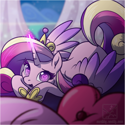 Size: 1202x1202 | Tagged: safe, artist:coralsky, imported from derpibooru, princess cadance, alicorn, pony, cute, cutedance, female, glowing horn, heart eyes, looking at you, lying down, magic, mare, open mouth, prone, solo, wingding eyes