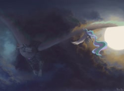 Size: 1472x1088 | Tagged: safe, artist:floralfly, imported from derpibooru, princess celestia, oc, oc:arculascrain, alicorn, dragon, pony, armor, butt, cloud, curved horn, dragon oc, female, floppy ears, flying, looking back, mare, plot, smiling, spread wings, sun, underhoof, wings