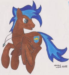 Size: 1762x1912 | Tagged: safe, artist:☲, imported from derpibooru, oc, oc only, oc:nimble wing, pegasus, pony, flying, jewelry, looking back, male, necklace, solo, spread wings, wings