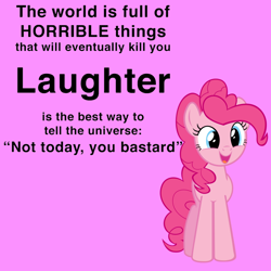 Size: 1000x1000 | Tagged: safe, imported from derpibooru, pinkie pie, earth pony, pony, element of laughter, female, happy, mare, motivational, obligatory pony, pink background, simple background, text, vulgar, wholesome