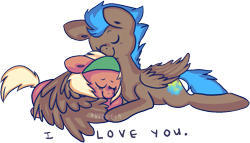 Size: 1117x641 | Tagged: safe, artist:aurelieia, imported from derpibooru, oc, oc only, oc:ginger slice, oc:nimble wing, earth pony, pegasus, pony, duo, eyes closed, female, hug, i love you, lying down, male, shipping, simple background, snuggling, transparent background, winghug