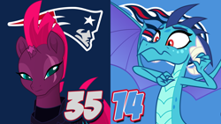 Size: 1920x1080 | Tagged: safe, imported from derpibooru, princess ember, tempest shadow, dragon, my little pony: the movie, afc divisional round, american football, eye scar, new england patriots, nfl, nfl divisional round, nfl playoffs, obligatory pony, scar, sports, tennessee titans, vector