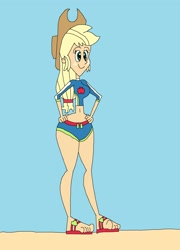 Size: 1801x2504 | Tagged: safe, artist:hunterxcolleen, imported from derpibooru, applejack, equestria girls, applejack's beach shorts swimsuit, beach, belly button, bikini, clothes, feet, sandals, swimsuit