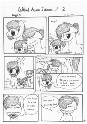 Size: 1024x1451 | Tagged: safe, artist:lupiarts, imported from derpibooru, oc, oc only, oc:camilla curtain, oc:ron nail, oc:sally, comic:what have i done, black and white, comic, family, frown, grayscale, monochrome, sad, speech bubble, traditional art, tragic