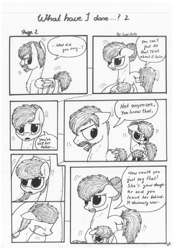 Size: 1024x1451 | Tagged: safe, artist:lupiarts, imported from derpibooru, oc, oc only, oc:camilla curtain, oc:ron nail, oc:sally, comic:what have i done, angry, black and white, comic, family, grayscale, monochrome, sad, speech bubble, story, traditional art, tragic