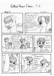 Size: 1024x1451 | Tagged: safe, artist:lupiarts, imported from derpibooru, oc, oc only, oc:camilla curtain, oc:ron nail, oc:sally, comic:what have i done, angry, black and white, comic, grayscale, monochrome, sad, speech bubble, traditional art, tragic