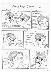 Size: 1024x1451 | Tagged: safe, artist:lupiarts, imported from derpibooru, oc, oc only, oc:camilla curtain, oc:ron nail, oc:sally, comic:what have i done, angry, black and white, comic, grayscale, hitting, monochrome, sad, speech bubble, traditional art, tragic