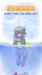 Size: 756x1344 | Tagged: safe, artist:adequality, edit, imported from derpibooru, limestone pie, pinkie pie, earth pony, pony, attack, beach, duo, female, goggles, inner tube, jaws, mare, ocean, scuba gear, snorkel, summer, sunglasses, swimming, vulgar
