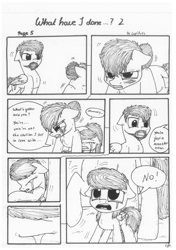 Size: 1024x1451 | Tagged: safe, artist:lupiarts, imported from derpibooru, oc, oc only, oc:camilla curtain, oc:ron nail, oc:sally, comic:what have i done, angry, black and white, comic, family, grayscale, monochrome, sad, speech bubble, traditional art, tragic
