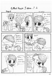 Size: 1024x1451 | Tagged: safe, artist:lupiarts, imported from derpibooru, oc, oc only, oc:camilla curtain, oc:ron nail, oc:sally, comic:what have i done, angry, black and white, comic, crying, family, grayscale, monochrome, running, sad, speech bubble, traditional art, tragic