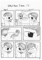 Size: 1024x1451 | Tagged: safe, artist:lupiarts, imported from derpibooru, oc, oc only, oc:camilla curtain, oc:ron nail, comic:what have i done, black and white, comic, crying, grayscale, monochrome, running, sad, speech bubble, traditional art, tragic