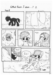 Size: 1024x1451 | Tagged: safe, artist:lupiarts, imported from derpibooru, oc, oc only, oc:chess, oc:ron nail, oc:sally, comic:what have i done, black and white, comic, crying, family, grayscale, monochrome, sad, speech bubble, traditional art, tragic