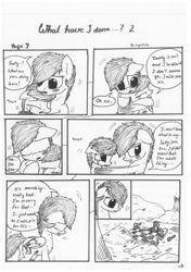 Size: 1024x1451 | Tagged: safe, artist:lupiarts, imported from derpibooru, oc, oc only, oc:chess, oc:sally, comic:what have i done, black and white, comic, grayscale, monochrome, sad, speech bubble, traditional art, tragic