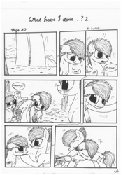 Size: 1024x1451 | Tagged: safe, artist:lupiarts, imported from derpibooru, oc, oc only, oc:camilla curtain, oc:chess, oc:sally, comic:what have i done, black and white, comic, family, grayscale, hug, monochrome, speech bubble, traditional art
