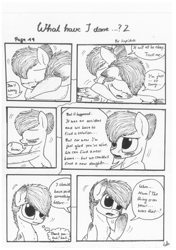 Size: 1024x1451 | Tagged: safe, artist:lupiarts, imported from derpibooru, oc, oc only, oc:camilla curtain, oc:chess, oc:sally, comic:what have i done, black and white, comic, family, grayscale, monochrome, speech bubble, traditional art