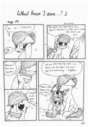 Size: 1024x1451 | Tagged: safe, artist:lupiarts, imported from derpibooru, oc, oc only, oc:camilla curtain, oc:chess, oc:sally, comic:what have i done, black and white, comic, family, grayscale, happy, hug, monochrome, speech bubble, traditional art