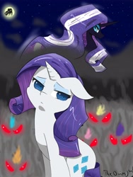 Size: 3024x4032 | Tagged: safe, artist:thezeroninja, imported from derpibooru, nightmare rarity, rarity, pony, unicorn, duality, evil, female, glowing eyes, glowing eyes of doom, high res, melancholia, moon, night, red eyes, smoke, stars