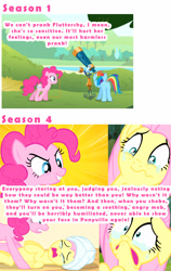 Size: 1838x2902 | Tagged: safe, imported from derpibooru, screencap, fluttershy, pinkie pie, rainbow dash, earth pony, pegasus, pony, filli vanilli, griffon the brush off, season 1, season 4, butt, comparison, crying, flanderization, op is a slowpoke, plot, slowpoke