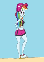 Size: 1713x2409 | Tagged: safe, artist:hunterxcolleen, imported from derpibooru, rainbow dash, equestria girls, beach, belly button, bikini, clothes, feet, hat, sandals, shorts, swimming trunks, swimsuit