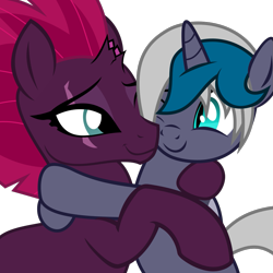 Size: 1055x1055 | Tagged: safe, artist:dtkraus, artist:the smiling pony, imported from derpibooru, fizzlepop berrytwist, tempest shadow, oc, oc:elizabat stormfeather, alicorn, bat pony, bat pony alicorn, pony, unicorn, derpibooru, my little pony: the movie, .svg available, broken horn, canon x oc, derpibooru badge, eye scar, female, hug, lesbian, mare, meta, one eye closed, scar, shipping, show accurate, simple background, stormshadow, svg, transparent background, vector